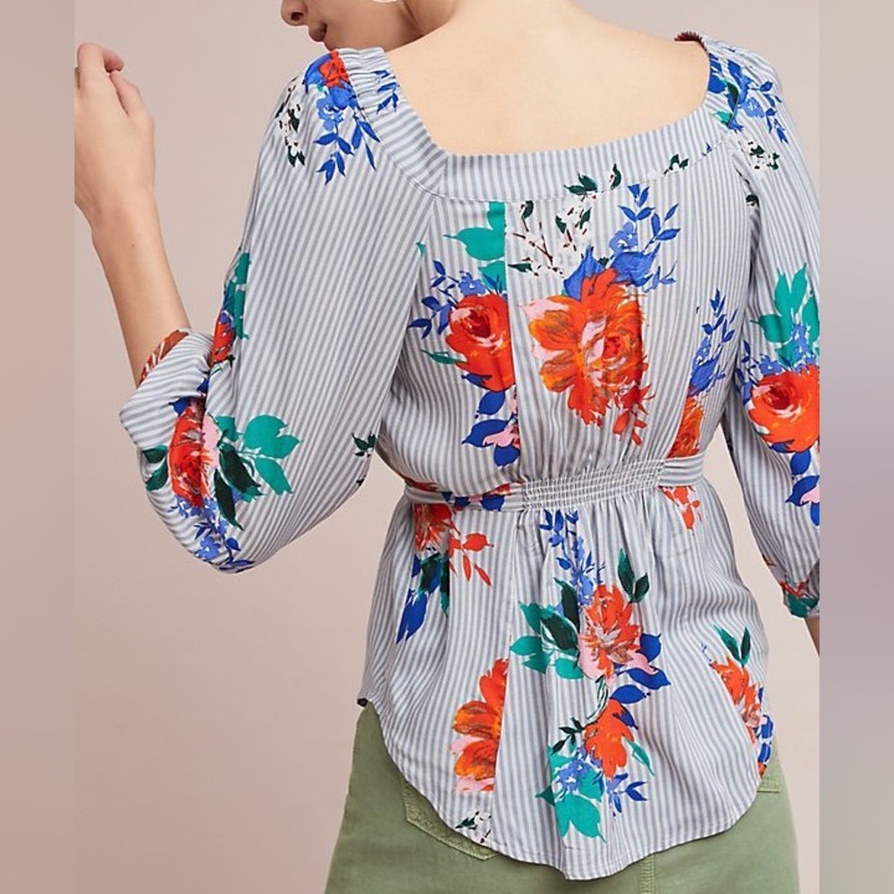 ✅ Maeve By Anthropologie Top Lilorne Floral Button Down Stripe Shirt